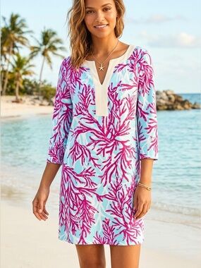 NWOT Lilly Pulitzer Charlene " Nice Tail" coral print blue background ship dress
